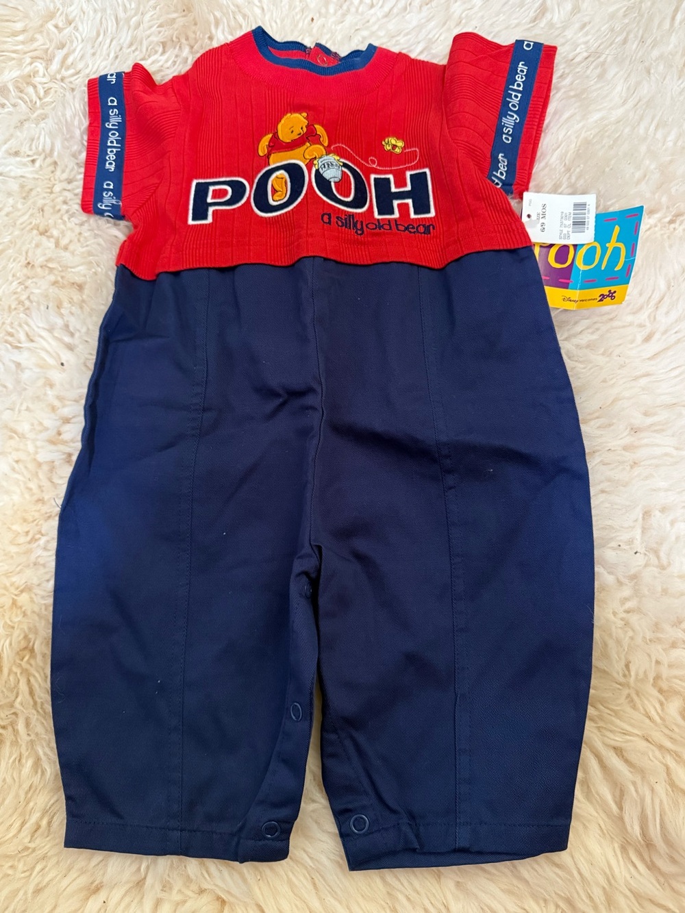 Disney Red and Navy Baby Romper with Colorful Pooh Tag